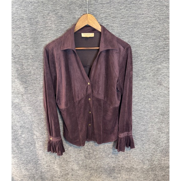 Trousers Etc New York Tops - Trousers Etc New York Plum Faux Suede Ruffle Cuff Button Down Top Blouse Size 12